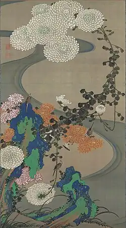 Хризантемы над руслом и камнями