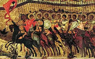 Изображение знаменосца на русской иконе «Благословенно воинство Небесного Царя», 1550-е годы.