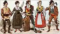 Народный костюм Кастилии (справа налево: погонщик мулов и крестьянка из Сеговии, торговец вином и крестьянка из Ла-Манчи, крестьянин из Алькаррии (Новая Кастилия))