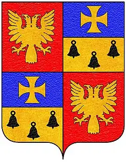 На гербе рода, основном, в виде щита, разделённого на четыре части, одинаковых частей, крест на крест, в первой верхней, левой (и нижней правой части) части изображён орёл, символом Византийской империи (в правлении Палеологов), в верхней правой (и нижней левой части), поделённой на два сегмента, в верхней части сегмента изображён золотой крест на синем фоне, в нижней части сегмента изображены три чёрных колокола, на золотом фоне.