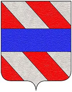 D'argent, à trois bandes de gueules, à la fasce d'azur, brochante sur-le-tout