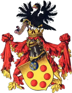 Герб Дома Медичи в исполнении Гуго Штрёля[нем.]Описание: В золотом поле шесть шаров (1, 2, 2, 1), верхний лазуревый шар обременён тремя золотыми лилиями, остальные шары червлёные