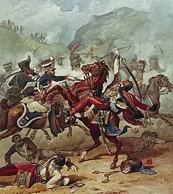 Сражение британских лёгких драгун с французскими гусарами в битве при Пиренеях.