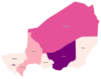 Подтверждённые случаи COVID-19 в Нигере по регионам, по состоянию на 3 октября 2020 года