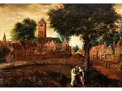 Вид на пруд фламандского города с влюбленной парой. 1580. Дерево, масло. Частное собрание