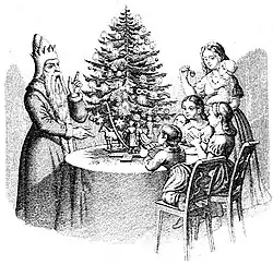 Дети и Санта Клаус у «дерева Клауса» (нем. Klausbaum). Гравюра из немецкой книги «50 басен с картинками для детей»