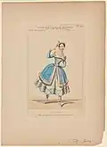 Эскиз костюма для Натали Фицджеймс в «краковянке», гравюра, раскрашенная акварелью.