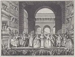 Коронация бюста Вольтера в Комеди Франсез после шестого представления Ирэн 30 марта 1778 года. Присутствующий Вольтер изображён в верхней ложе слева. Офорт