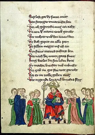 Codex Palatinus germanicus 14, Blatt 2v - Генрих фон Мюгельн: Der Meide Kranz. – Император Карл IV выслушивает доводы наук и искусств, какая из них заслуживает приоритета