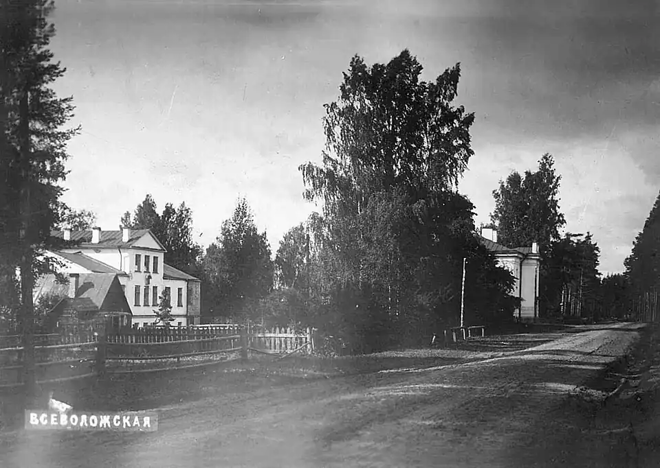 Земская больница имени Павла и Елены Всеволожских. Вид с Василеозёрского проспекта, ныне Колтушское шоссе. Открытка начала XX века