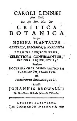 Титульный лист первого издания Critica Botanica (1737)
