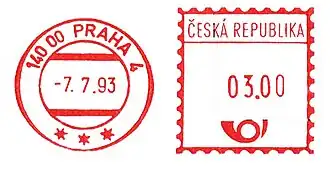 Франкотип (стоимостью 3 кроны) и календарный штемпель Чешской Республики (Прага, 1993)