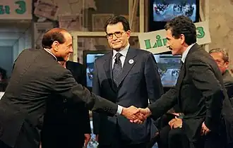 Слева направо: Берлускони, Проди, Д'Алема (теледебаты в программе "Linea Tre", 12 апреля 1996 года)