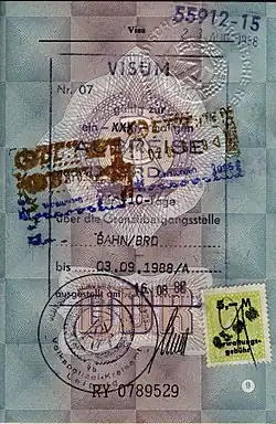 10-дневная выездная виза ГДР для посещения ФРГ. 1988 год.