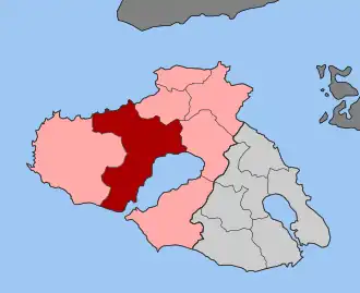Карта общины: 1 — Калони 2 — Айия-Параскеви, Мандамадос, Митимна, Петра, Полихнитос, Эресос-Андиса
