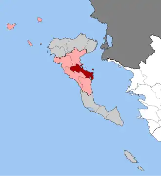 Карта общины: — Керкира — по часовой стрелке: Феакес, Ахилион, Парелии, Палеокастрица, Матракион, Отони, Эрикуса