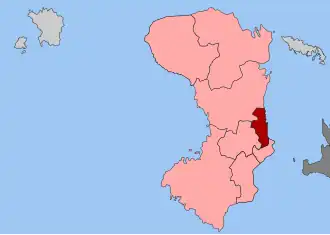 Карта общины: 1 — Хиос 2 — Айос-Минас, Амани, Иония, Камбохория, Кардамила, Мастихохория, Омируполис