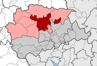 Карта общины: 1 — Каламбака 2 — по часовой стрелке снизу: Клинон, Аспропотамос, Кастанея, Малакасион, Хасия, Тимфея, Василики