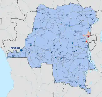 Карта национальных территорий ДР Конго (синий) и захваченных Руандой (красный)