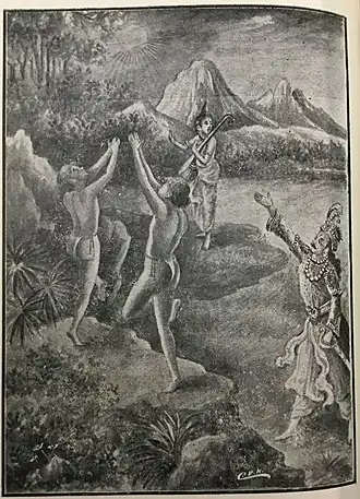 Дакша злится на межгалактического путешественника (силой мысли) Нараду за то, что тот учит его сыновей добру.(4-й том тамильского издания «Бхагават-пураны» 1916 года; Британская библиотека)