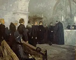 Святое причастие в гессенской деревенской церкви. 1891. Эскиз. Холст, масло. Частное собрание