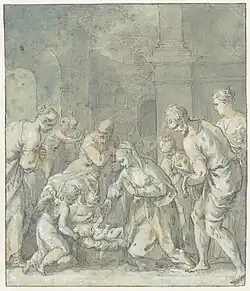 Поклонение пастухов. Между 1574 и 1608. Бумага, тушь, акварель, кисть, перо, белила. Рейксмюсеум, Амстердам