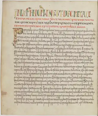 Decretum Gelasianum. Рукопись второй половины VIII века: «Collectio canonum Sancti Blasii» («Собрание правил святого Власия»). Национальная библиотека Франции