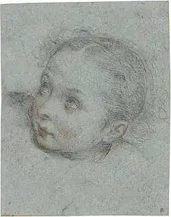 Голова девочки. Между 1560 и 1619. Голубая бумага, уголь, сангина. Частное собрание