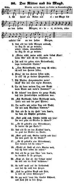 Текст песни с нотами. Версия из сборника «Die deutschen Volkslieder mit ihren Singweisen» (1843)