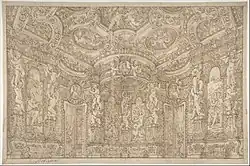 Проект интерьера с портретами и декоративными элементами. Бумага, сепия, перо. Метрополитен-музей, Нью-Йорк