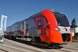 Электропоезд ЭС1 «Ласточка», использовавшийся во время Универсиады 2013 на линии Аэроэкспресса в Казани.