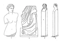 Рисунок О. Вутье с места раскопок. Венера и две гермы с надписями на постаментах. 1820