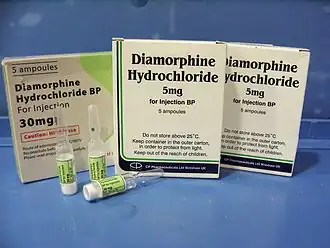 Стеклянные ампулы с лиофилизированным препаратом диаморфина гидрохлорида, перед употреблением растворяется в ампуле водой для инъекций