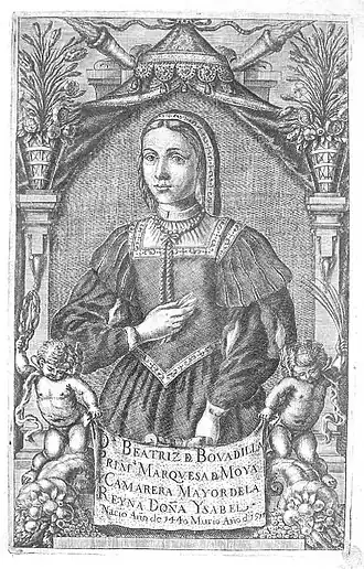 Портрет Беатрис де Бобадилья работы Диего де Обрегона. Иллюстрация к работе Франсиско Пинеля-и-Монроя «Портрет доброго вассала», Мадрид, 1677 год, Национальная библиотека Испании.