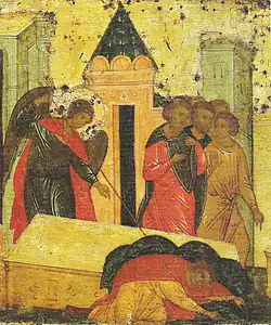 Чудо Димитрия о вятчанах. Клеймо 13 — одно из первых свидетельств об украшении раки расшитым покровом