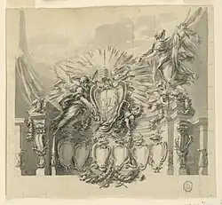 Эскиз декорации фасада собора Святого Петра в Риме с изображением Канонизация Джузеппе да Капертино и Жанны-Франсуазы де Шанталь. 1767. Бумага, сепия (серая акварель).  Смитсоновский музей дизайна Купер Хьюитт, Нью-Йорк