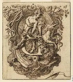 Литера «В» с сатиром (в зеркальном виде для гравирования). Ок. 1720 г. Бумага, перо, чернила