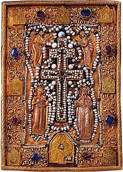 Крест с частью Животворящего Древа и камнем от Гроба Господня, изготовленный в 1621 году (известен как «ковчег князя Ивана Хворостинина»)