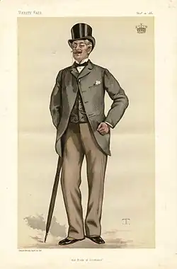 «Кирк Шотландии». Граф Росслин в карикатурном изображении Теобальда Шартрана в «Ярмарке тщеславия», ноябрь 1881 года.