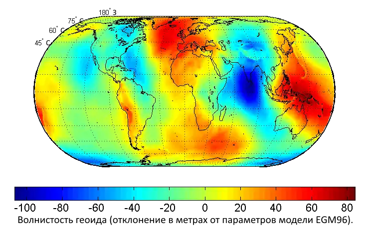 Карта, показывающая величину волнистости геоида в метрах (на основе модели EGM96 и эллипсоида WGS84).