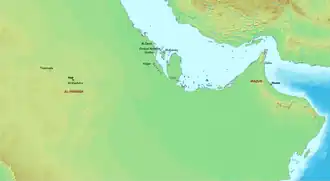 Карта восточной и центральной Аравии VI века. К этому периоду Сасаниды распространили свою власть на аль-Ямаму через своих лахмидских вассалов.