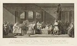 Командир регистрирует своего маленького сына в гражданском реестре Афинской республики. Между 1799 и 1804. Офорт, акватинта, раскраска акварелью. Рейксмюсеум, Амстердам