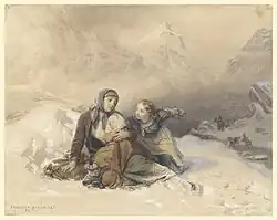 Мать с двумя детьми в снежном лесу. 1850. Бумага, акварель. Частное собрание