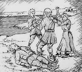 Торгерд Брак разнимает Эгиля и его отца Скаллагрима, возле мертвого Торда Гранасона