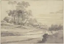 Тропинка вдоль деревьев и хижины. Бумага, чёрная акварель, кисть. Штеделевский художественный институт, Франкфурт-на-Майне