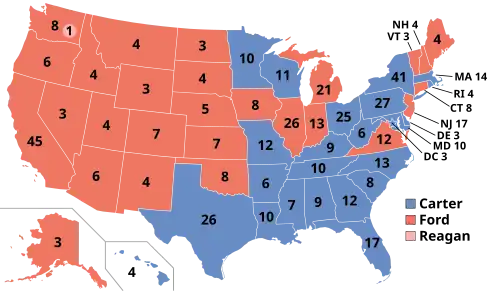 Map of the 1976 presidential election. Most western states are red while the majority of eastern states are blue.