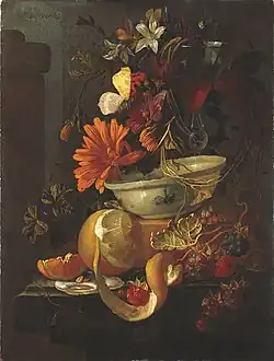 Натюрморт с устрицами, фруктами, цветами, бокалом и фарфоровой миской. Ок. 1689. Дерево, масло. Дворец Лихтенштейнов, Вена