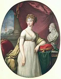 Императрица Елизавета Алексеевна. Ок. 1802—1804 (миниатюра, парная к предыдущей). Государственный Эрмитаж.