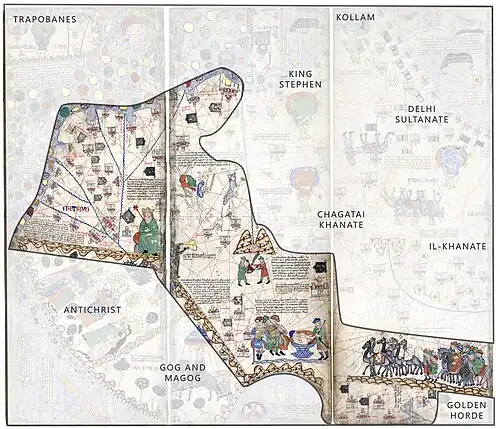 Империя Великого хана (Юань) согласно Каталонскому атласу (карта повернута на 180°). Знамя с тремя красными полумесяцами появляется на всей территории империи Юань