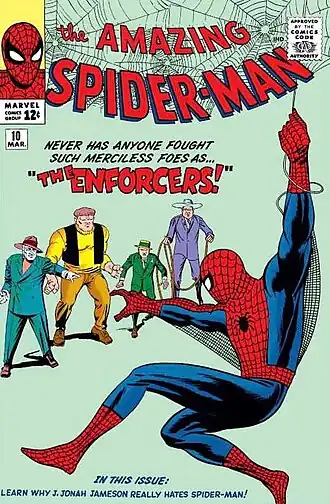 Обложка комикса The Amazing Spider-Man #10 (Март, 1964)Первое появление Громил. Художник — Стив Дитко.